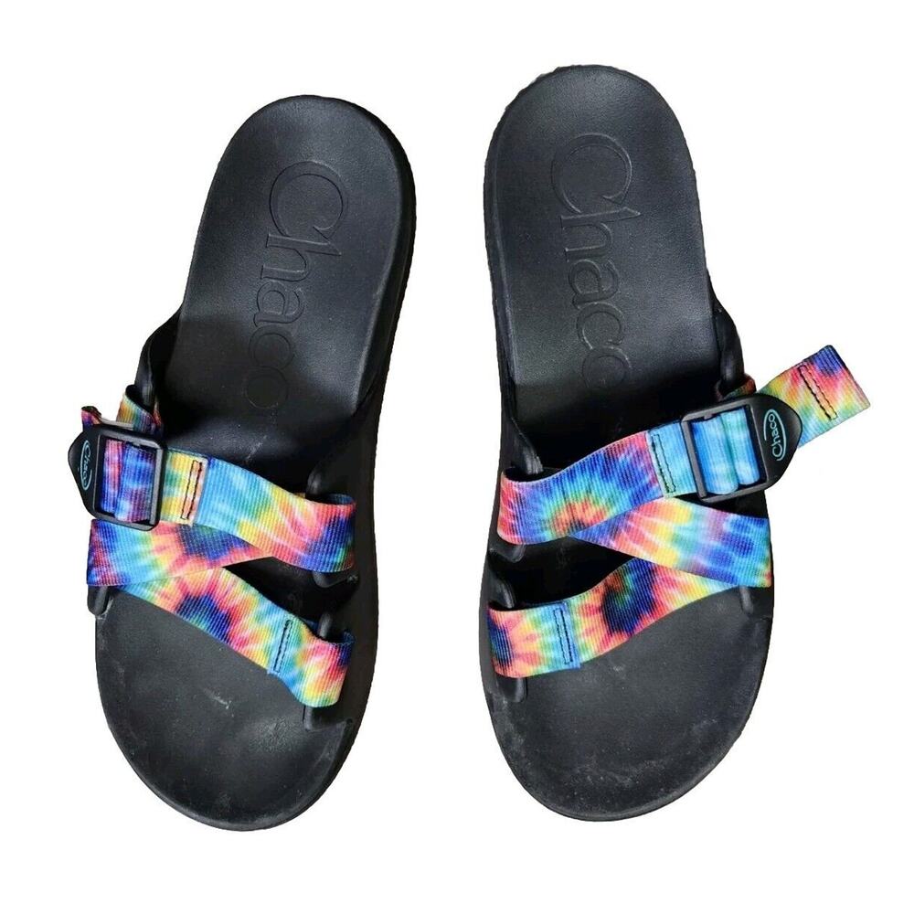 Chaco Sandals‎ Womens 11 Black With Colorful Tie Dye Straps Adjustable Rainbow
